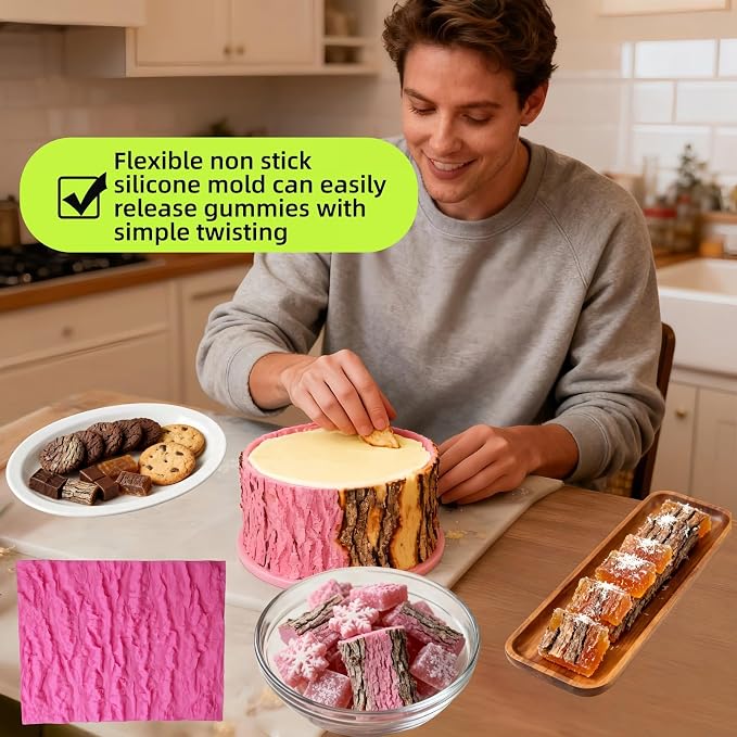 Tree Bark Cake Fondant Mold Tree Stump Fondant Impression Texture Mat Wedding Lumberjack Cake Border Decorating Tool Chocolate Gumpaste Pastry Cake Lace Mold Silicone Mat (Pink)