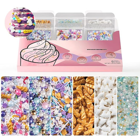 HUEBEATY 6-in-1 Unicorn Sprinkles Edible Set – 180g Unicorn Golden Horn Candy, Star Confetti & Jimmies Mix, Pearls & Sugar Crystals – Edible Unicorn Cake Decorations for Cupcakes, Cookies, Ice Cream & Birthday Desserts