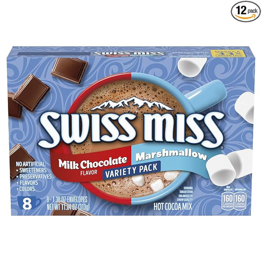Swiss Miss Variety Pack Milk Chocolate & Marshmallow Flavored Hot Cocoa Mix, Hot Cocoa Bar Supplies, 1.38 oz., 8-Count Envelopes (12 Boxes)