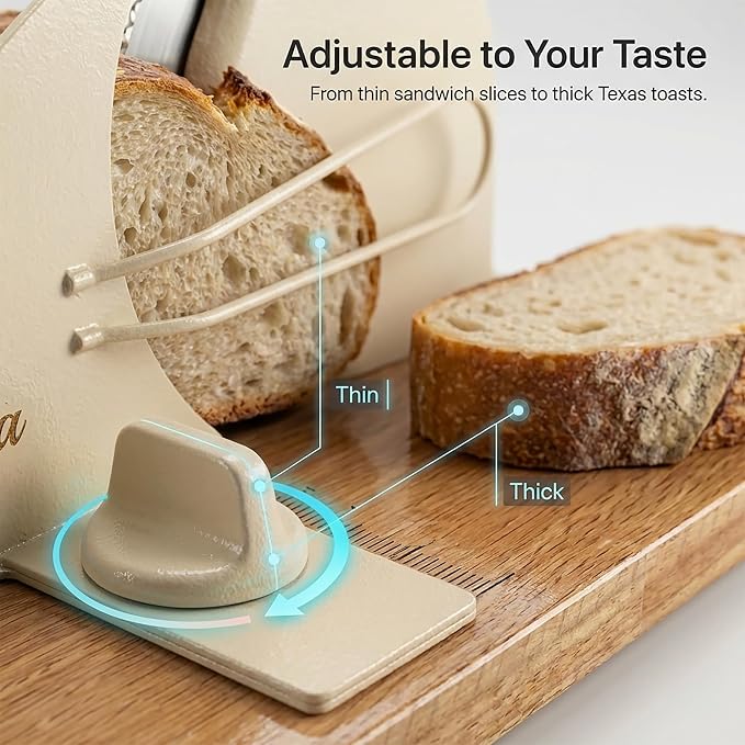Sourdough Bread Slicer for Homemade Bread, Adjustable Thickness, Hand Crank | Adjustable thickness up to 0.9 in, 430 stainless steel blade, anti-jam guide, solid wood base, suction feet, and hand crank.