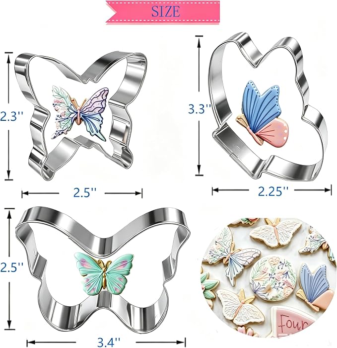 3PCS Butterfly Cookie Cutters Set,Stainless Steel Cutter for Themed Party Baby Shower Wedding Spring Easter Holiday