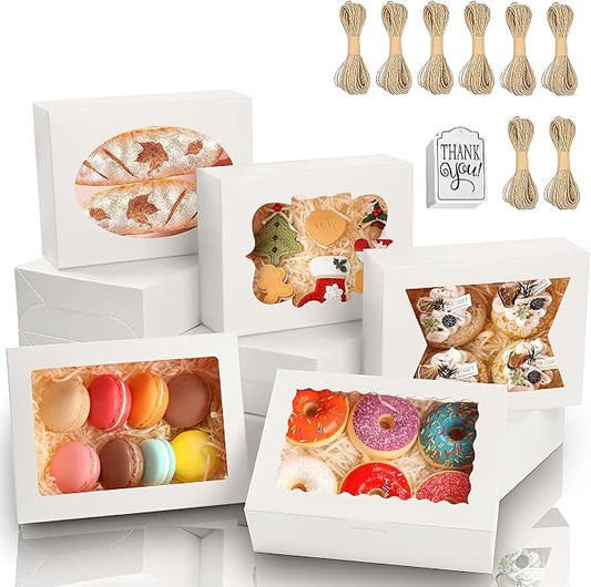 KPOSIYA 65 PCS 8x6x2.5 Inch Cookie Boxes with Window White Bakery Boxes Pastry Boxes for Gift Giving, Treat, Dessert, Cupcakes, Chocolate, Strawberries, Donuts, Muffins (5 Style Windows)