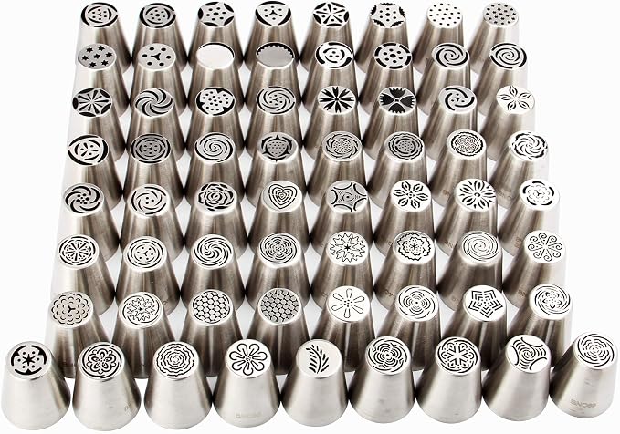 65 Pieces Stainless Steel Large Russian Piping Tips Kit,1 Cleaning Brush,2 Plastic Coupler,2 Leaf Icing Tip,10 Pastry Bags,Cupcake Dessert Baking Tools for Cake Decorations