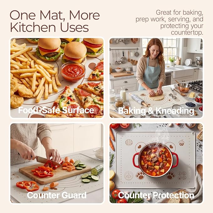 Silicone Baking Mat 28" x 20", Extra Thick Food Grade Liquid Silicone Non-Stick Dough & Pastry Rolling Mat with Measurements, Raised Edge, Reusable & Heat Resistant for Bread, Cookies, Pizza, Fondant