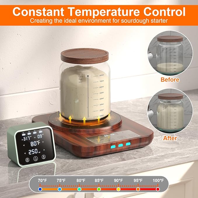 Sourdough Starter Warmer Mat - 24H Timer - Precise 1°F Thermostat Control (70-110°F) - Smart Memory Warming On/Off - Warming Heating Pad for Sour Dough Starter (Wood Grain)