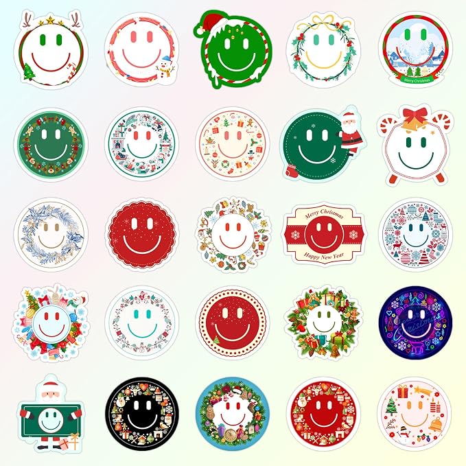 50PCS Smile Christmas Stickers | Cute Water Bottle Stickers for Kids, for Teaching Rewards, Notebooks, Stationery, Luggage, Cartoon PVC Happy Stickers