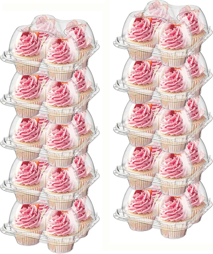 Bekith 60 Count 4-Compartment Plastic Cupcake Containers - Disposable Cupcake Trays Holder Carrier Box with Lids for Cupcakes & Muffins - Hinged Lock Cupcake Clamshell - Deep Cups for Cupcake Storage