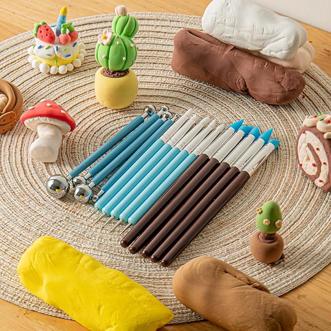 EUOCENK 14PCS Silicone Clay Sculpting Tool, Ball Stylus Clay Tools, Clay Shaper Brushes for Modeling, Dotting, Polymer Clay, Pottery Crafts, Nail Art, Rock, Blending, Drawing, Air Dry Clay, Ceramics