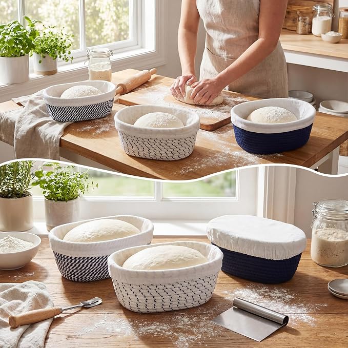 4 Pcs 10 Inch Cotton Rope Banneton Bread Proofing Basket Set Oval Banneton Basket Sourdough Bread with Liners Covers for Baking Supplies (Blue Tones)