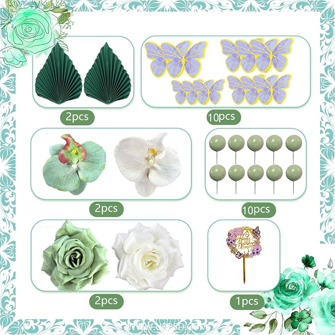 27 PCS Flower Cake Decorations Green Cake Decorations Boho Butterfly Cake Toppers with Rose Artifical Flowers Palm Leaves Balls Happy Birthday Cake Topper for Birthday Party Wedding Baby Shower