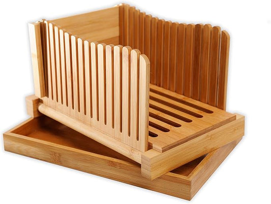 GloBamboo Bamboo Bread Slicer with Cutting Board For Homemade Bread, Adjustable, Compact, Foldable and Customizable Loaf/Cakes/Bagel Slicer, 3 Slice Sizes with Serving and Crumb Catcher Tray