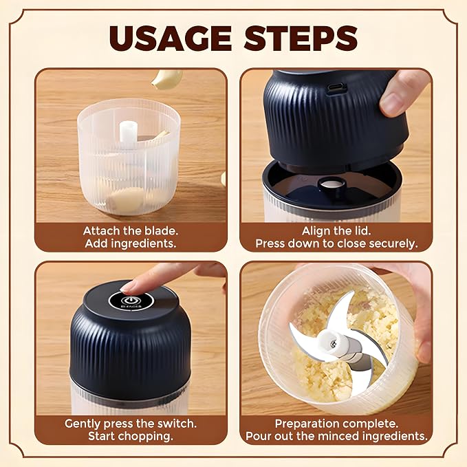Cordless Multifunctional Electric Garlic Chopper,350ml Mini Food Processor with 6 Blades,USB Rechargeable 1-Touch Food Grinder for Garlic, Onion, Ginger, Chili (White,6 Blades)