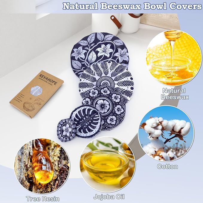 5-Size Reusable Beeswax Bowl Covers for Bread Proofing, Cotton Cloth Flexible Beeswax Wraps for Food Storage(Blue Lily)