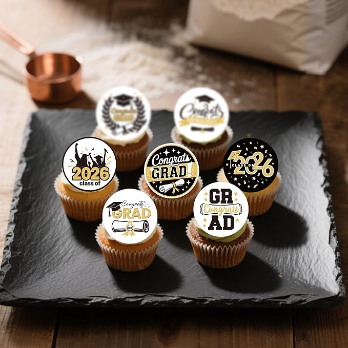 63 PCS Edible 2026 Graduation Theme Cupcake Toppers Diploma Class of 2026 Cake Decorations Edible Congrats 2026 Grad Cap Cupcake Picks for Congratulations 2026 Graduation Theme Party Supplies Gold