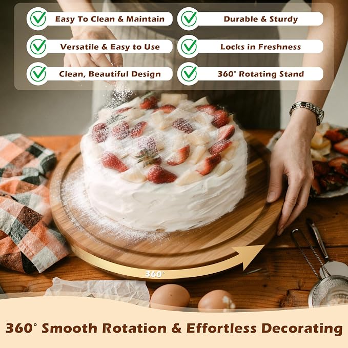 Jolitac Acacia Wood Cake Stand with Lid – 12" Wooden Rotating Cake Stand with Dome Cover, Round Cake Holder Stand with 4 Bonus Cake Sheets, Serving Tray for Cake, Cheese, Charcuterie & Parties