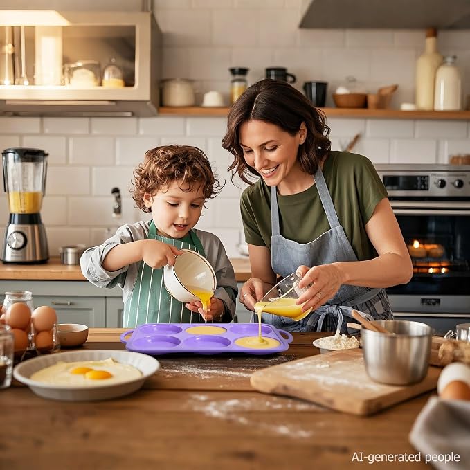 4 Inch Jumbo Silicone Muffin Top Pan with Metal Frame, Non Stick Silicone Egg Mold for Oven, Large Whoopie Pie Baking Pan with Handle for English Breakfast Sandwich, Egg Bite, Bun Tart, Purple