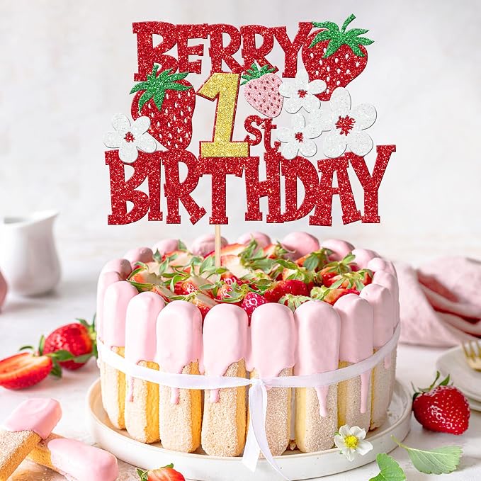 1 PCS Berry 1st Birthday Cake Topper - Red Glitter Flower Fruit Sweet One Strawberry Cake Pick - First Birthday Cake Decoration for Baby Shower Party Decorations Supplies