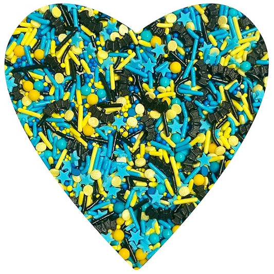 COOL MOM SPRINKLES Blue And Yellow Sprinkles (4 oz.) – Bat Hero Birthday Sprinkles for Decorating Cakes, Cupcakes, Cookies & Desserts – Mixed in the USA/Gluten-Free