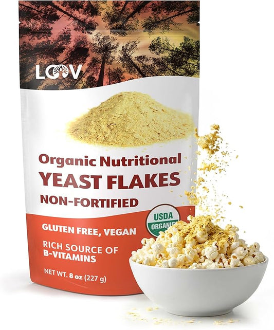 LOOV Organic Non-Fortified Nutritional Yeast Flakes - Vegan, Gluten Free, Non-GMO Unfortified Nooch - Good Source of Natural B-Vitamins - No Added Salt or Sugar - Resealable Bag, 8 Ounces (227 Grams)
