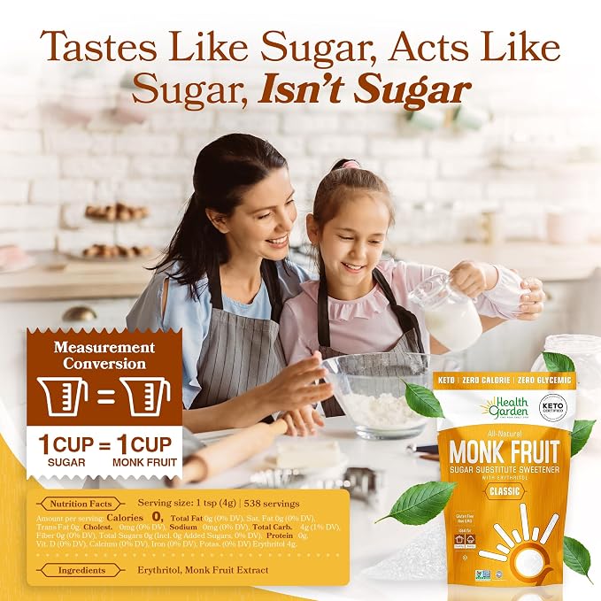 Health Garden Monk Fruit Sweetener, Classic Sugar Substitute – 76 oz Bag – 1:1 Monk Fruit Sugar Substitute with Erythritol, Zero Calorie Monkfruit Sweetener for Baking and Coffee, Keto Friendly, Non-GMO