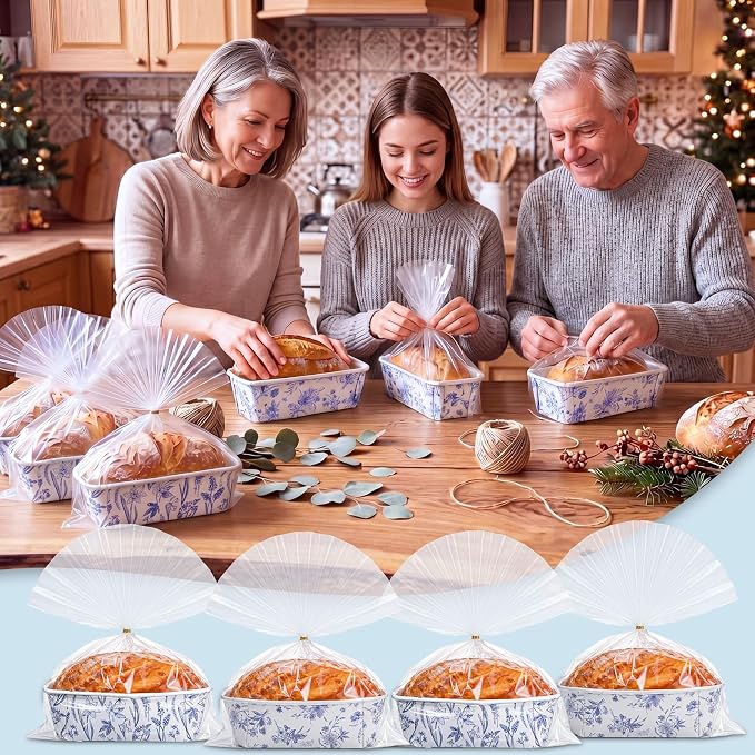 Hushee 50 Sets Blue Floral Paper Loaf Pans with Bags, 6.3x2.2x2.2" Disposable Mini Bread Baking Molds Kit Vintage Blue White Flower Cake Liners for Wedding Favors Bridal Shower Birthday Gifts