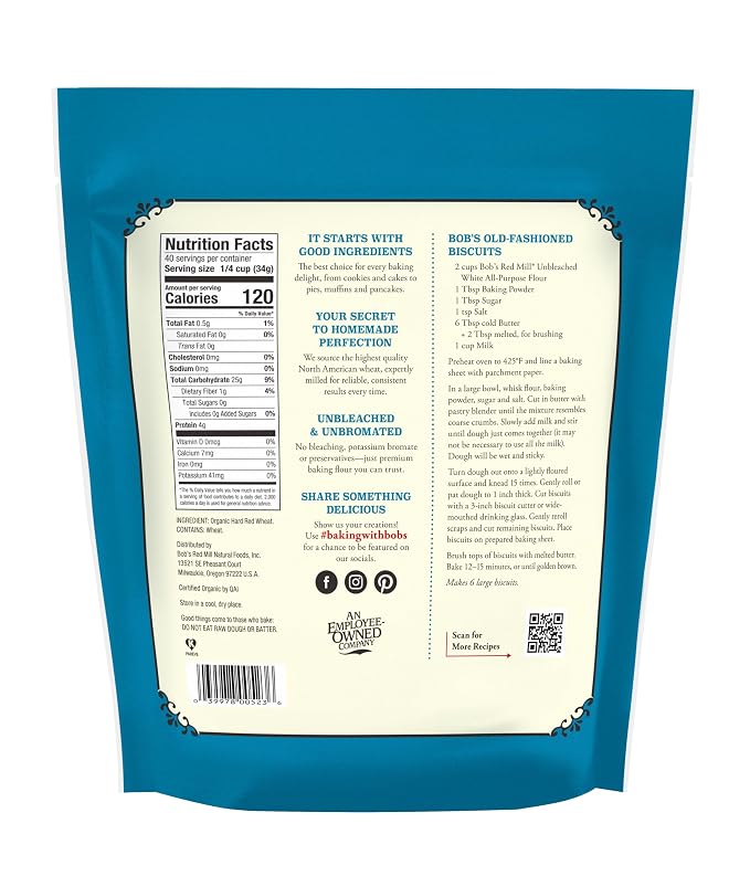 Bob's Red Mill Organic All Purpose Unbleached Flour, 3 Pound (Pack of 4) - Non-GMO, Vegan, Unbromated, Unenriched