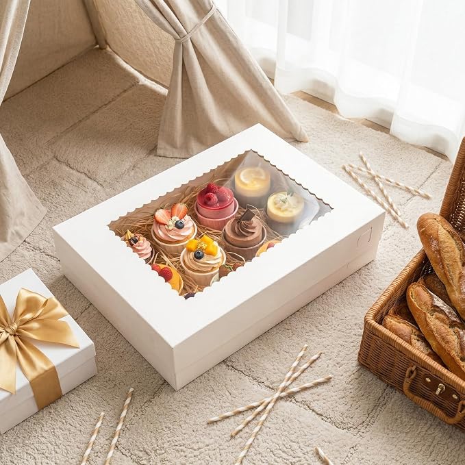 20 Pieces 16x11x4 Inch Cake Boxes, White Rectangular Sheet Cake Boxes with Window, Large Paperboard Container for Cookies Pastry Baking Donuts Cupcake Pie Packaging