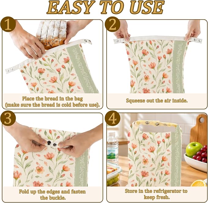 2 Pack Reusable Beeswax Peach Flower Bread Bags, Sourdough Bread Sage Leaf Storage for Homemade, Freezer Storage Bag to Keep Fresh, Baguette Bag with Beeswax Liner Kitchen Baking