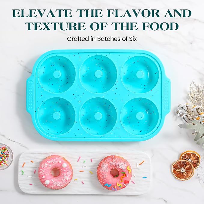 Silicone Donut Pan for Baking with Metal Reinforced Frame, Nonstick 3.25 inch Doughnut Baking Pans, 6 Cavity Donut Trays, Make Perfect Bagels and Cake Donuts (Aque)