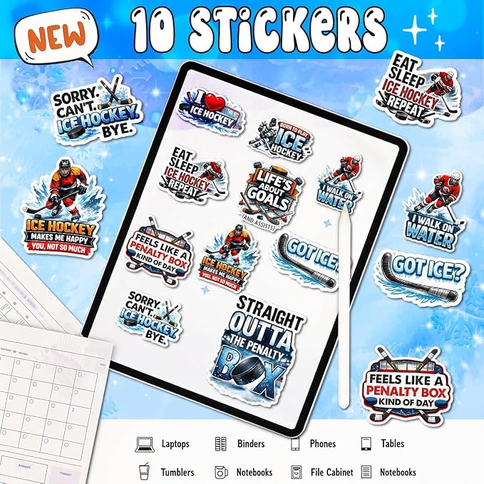 10pcs Ice Hockey Stickers Gifts for Hockey Players Fans Multiple Different Design, Waterproof UV-Resistant for Water Bottle, Laptop, Window, Car