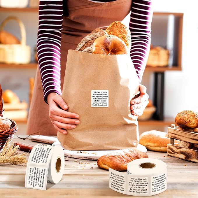 500 Count Cottage Food Law Labels Stickers Made in a Home Kitchen Decal 1.5” Square Food Stickers Thermal Printed Labels for Home Kitchen Bakery Bread Sourdough
