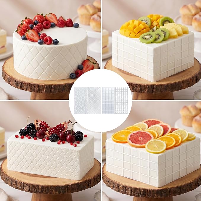 4 Pcs Fondant Impression Mat, Quilted Grid Texture Embossed Fondant Molds for Cupcake, Biscuits, Fondants Cake Decorating, Cake Decoration Tools for Wedding Cupcake Embossing (Clear)