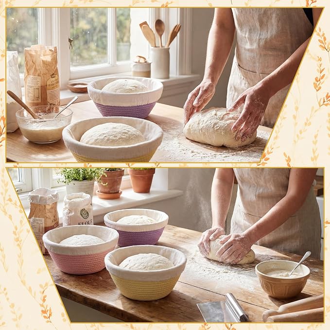 4 Pcs Round Banneton Bread Proofing Basket Set Cotton Rope Sourdough Bread Banneton Basket with Liners Covers for Baking Supplies(9 Inch)