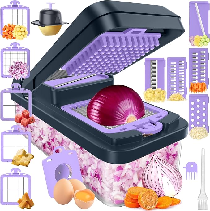 SpaceHacks 15-in-1 Vegetable Chopper, Kitchen Gadgets with 10 Blades, Veggie, Food, Onion Chopper, Cucumber Slicer, Versatile Mandoline, Includes Egg Separator & Finger Guard, Purple