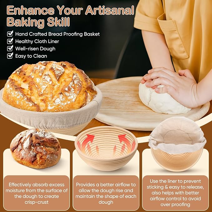 TeamFar Bread Proofing Basket Set of 2, Sourdough Bread Baking Supplies, 9 Inch Round Proofing Baskets for Sourdough Bread Baking, Proofing Bowls with Liner for Dough Fermentation