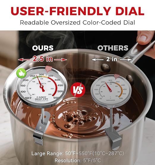 BOMATA 2-Pack Candy Thermometer with Pot Clip, Hands-Free Use, Waterproof IP67 and 2.5" Display Deep Fry Oil Thermometer with NSF Certified, for Cooking, Food, Turkey, BBQ, Grill... Mth400 Silver