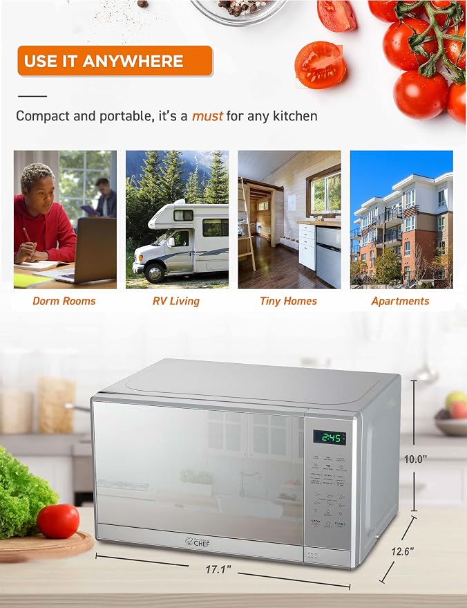 Commercial Chef 0.7 Cu. Ft. Countertop Microwave Oven, Touch Controls with Digital LED Display, 700W Microwave with 10” Turntable Plate, Push Button Door, 10 Power Levels, CHM7MS, Stainless Steel