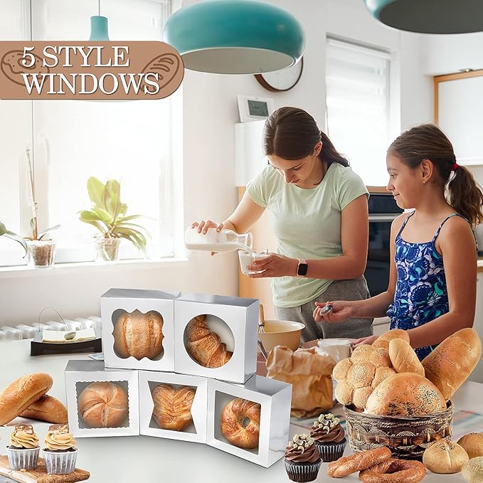 KPOSIYA 65PCS Bakery Boxes with Window 6x6x3 Inches 5 Style Cookie Boxes Small Pastry Boxes for Candy, Dessert, Pastry, Donuts, Birthday Party, Wedding(Silver)
