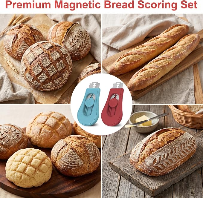 2Pcs Magnetic Bread Lame Dough Scoring Tool, Sourdough Lame Bread Scorer with 10 Stainless Steel Blades Portable Scoring Tool for Artisan Bread Baking
