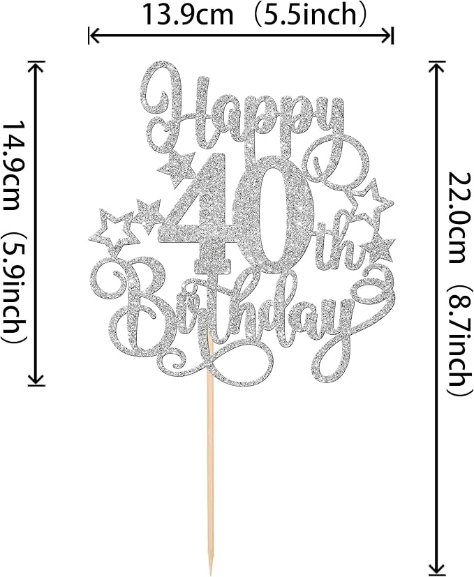 1 PCS Happy 40th Birthday Cake Topper Glitter Cheers to 40 Years Birthday Cake Pick Hello 40 Fabulous Cake Decoration for Happy 40th Birthday Anniversary Party Decorations Supplies Silver