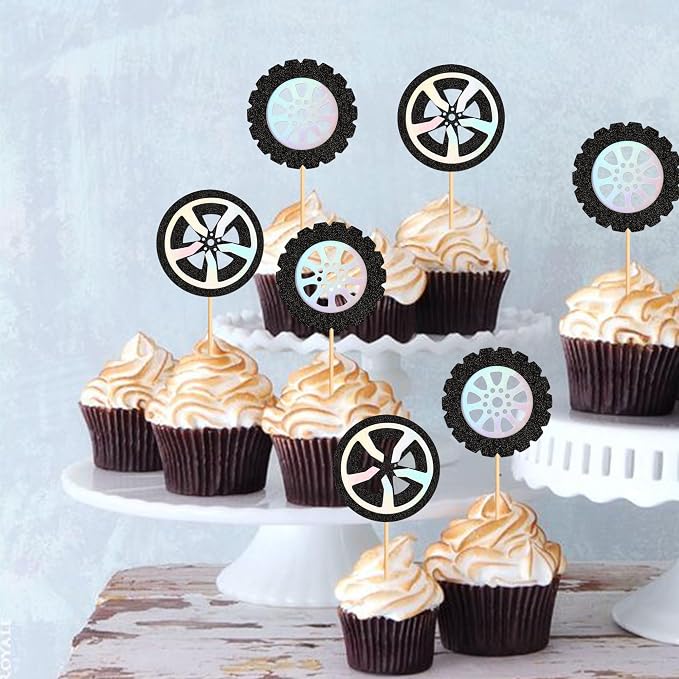 Ercadio 24Pcs Race Car's Wheels Cupcake Toppers Black Silver Wheels Car Tires Cupcake Picks for Racing Car Party Cake Decorations Baby Shower Kids Birthday Party Decoration Supplies