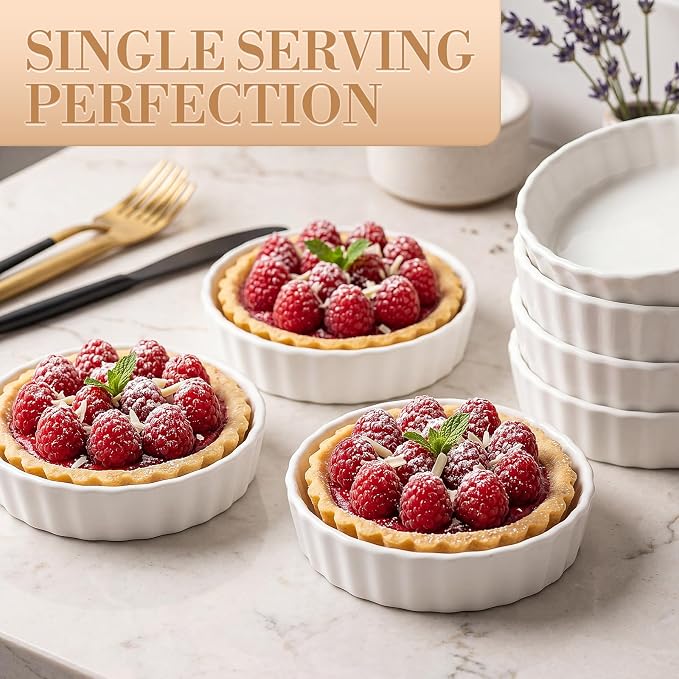 Hushee 10 Pack 5 Oz Creme Brulee Ramekins, Ceramic Brulee Souffles Dishes, Wave Round Pie Pan Mini Fluted Quiche Dishes for Dessert, Pie, Tart, Oven Microwave Dishwasher Safe, White