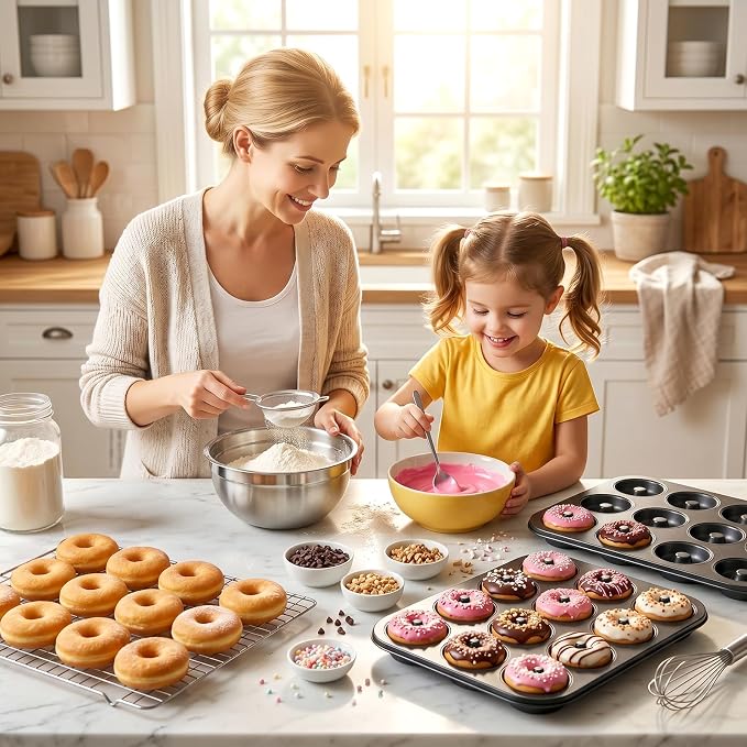 Lawei 2 Pack 12-Cavity Non-stick Donut Pan, Carbon Steel Donut Baking Pan for Muffin, Cake, Dessert, Mini Bagel Mold Donut Trays for Oven, Microwave, Freezer Safe