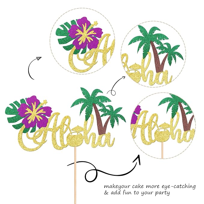 1 PCS Aloha Cake Topper Glitter Tropical Luau Palm Leaves Tree Flower Cake Pick Decoration for Summer Hawaiian Luau Tropical Aloha Theme Baby Shower Birthday Party Cake Decorations Supplies