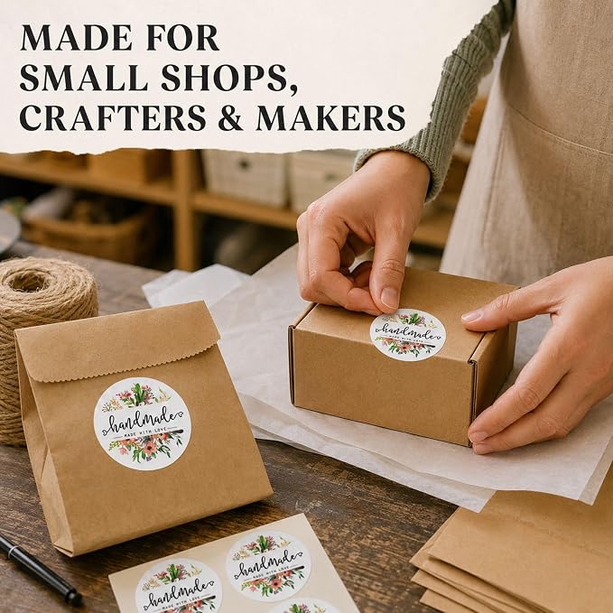 Handmade with Love Packaging Stickers: 120 Floral Round Paper Stickers | 120 1.6 Inch Round Stickers For Small Business Packaging Crafters Makers Gift Boxes And Kraft Bags