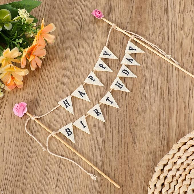 Happy Birthday Cake Bunting Topper Garland, Handmade Birthday Cake Pennant Banner Flags with Wooden Pole & Pink Flower Party Decoration Supplies