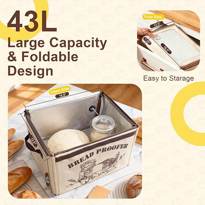 Large Folding Bread Proofing Box, Dough Proofer With 50-113℉Temp Control & 1-48H Timer, Sourdough Starter Warmer with Humidity Gauge, Foldable Proofing Basket for Bread Baking, Pizza, Yogurt, Kombucha
