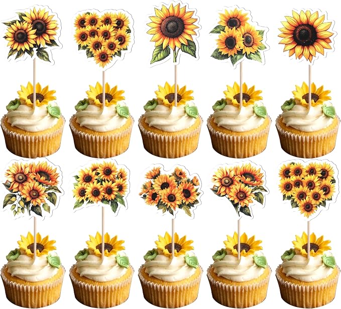 36 Pack Sunflower Cupcake Topper Double Sided Sunflower Cupcake Picks Decoration for Spring Summer Flower Theme Baby Shower Wedding Birthday Party Cake Decorations Supplies