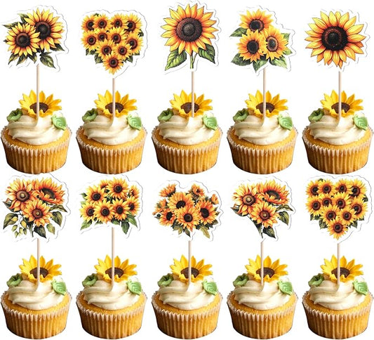 36 Pack Sunflower Cupcake Topper Double Sided Sunflower Cupcake Picks Decoration for Spring Summer Flower Theme Baby Shower Wedding Birthday Party Cake Decorations Supplies