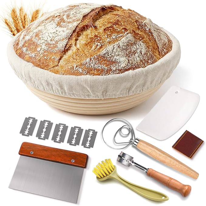 7-Piece 9 Inch Round Proofing Basket, Complete Sourdough Starter Kit with Linen Liner & Tools, Sourdough Bread Baking Supplies & Making Accessories Gift Set - Send Goods from Local Warehouse (1 Pack)